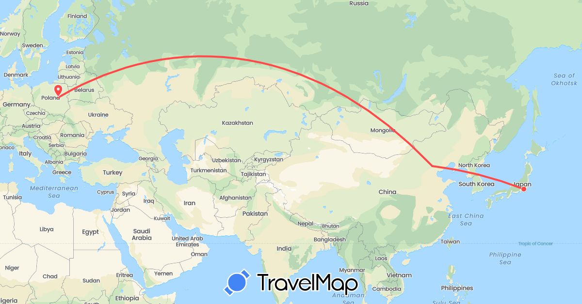 TravelMap itinerary: driving, hiking in China, Japan, Poland (Asia, Europe)
